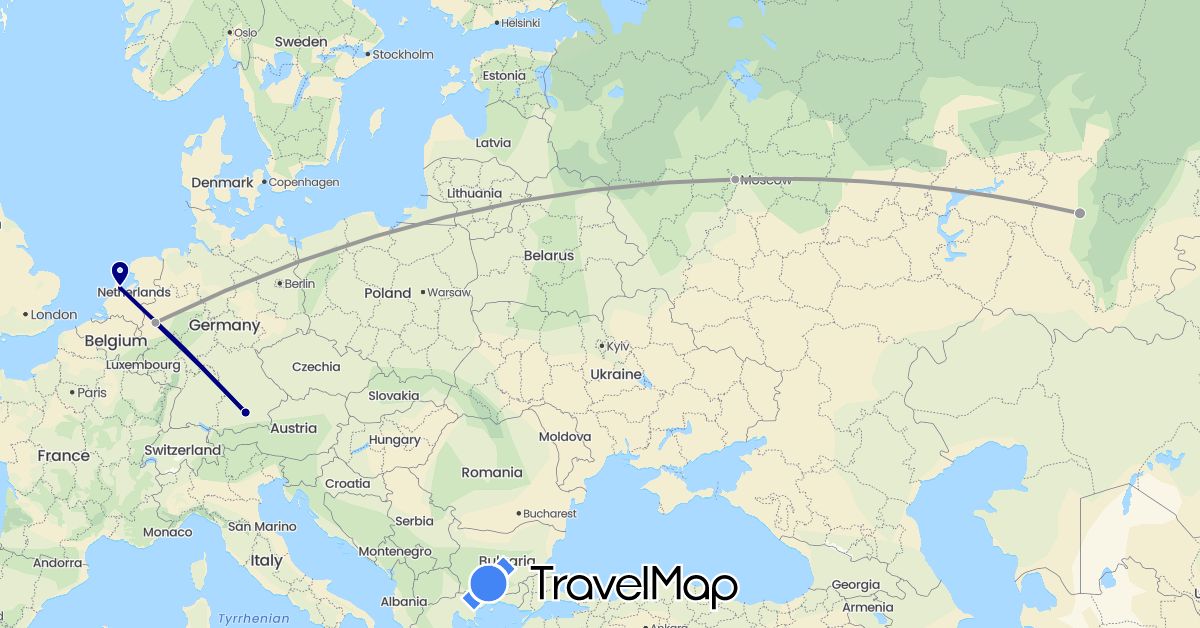 TravelMap itinerary: driving, plane in Germany, Netherlands, Russia (Europe)